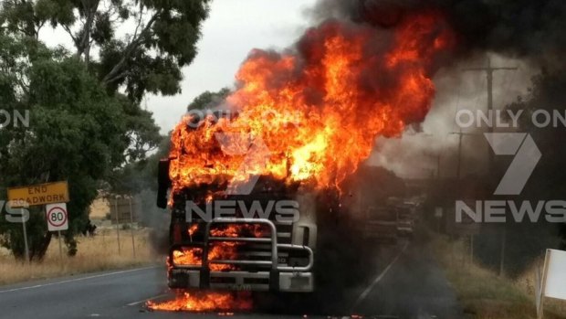 The truck near Craigeburn bursts into flames. 
