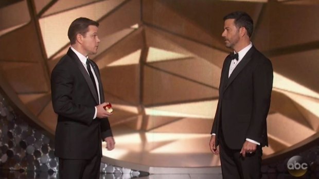Matt Damon gives Jimmy Kimmel a ribbing on the 2016 Emmy Awards telecast.