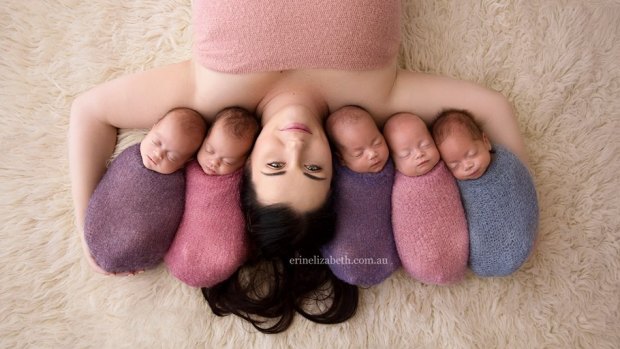 Kim Tucci shares the joys of raining quintuplets on her Facebook page Surprised by Five.