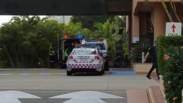 Emergency crews respond after a man was shot in the 
stomach in a Mantra Crown Towers hotel room on Friday.