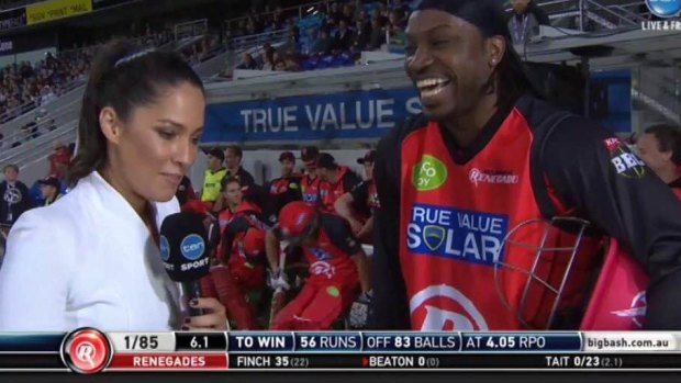 Uncomfortable interview: Chris Gayle and Mel McLaughlin.