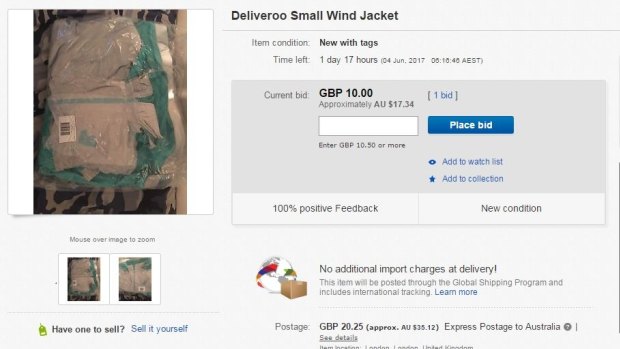 An eBay listing for a Deliveroo jacket. June 2, 2017. Photo: Supplied