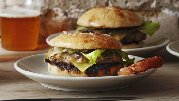 Yellowfin tuna cheeseburgers with salt and vinegar onion rings.