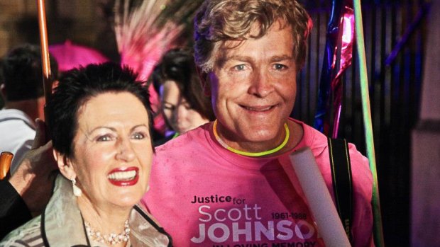Steve Johnson with Clover Moore in the 2013 Mardi Gras Parade in Sydney. 