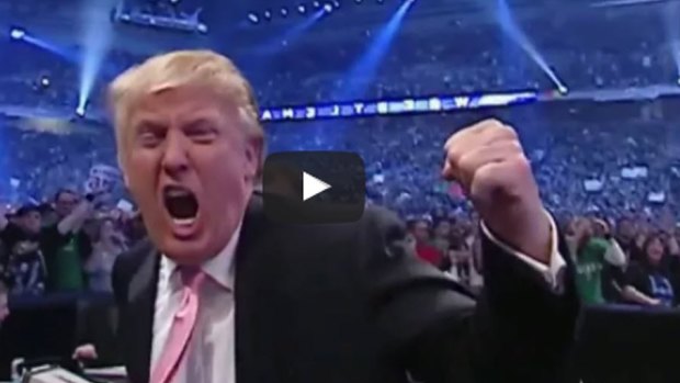 President Donald Trump in the mock video, where he takes on the CNN logo in the wrestling ring. 