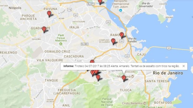 A real-time map of shoot-outs in Rio de Janeiro on Tuesday night July 4 local time, according to Onde Tem Tiroteio.
