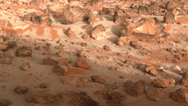 Frost or a light dusting of snow seen at the Viking 2 lander site, Utopia Planitia, Mars.