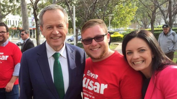 Trent Hunter with Mr Shorten and Emma Husar during last year's election campaign.