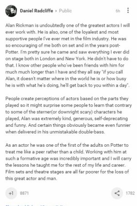 Daniel Radcliffe's Google+ post to Alan Rickman.