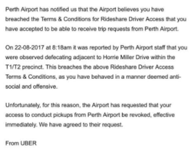The letter from Perth Airport to the Uber driver.