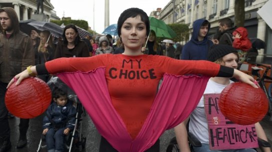 A protester creatively dressed at the demonstration calling for a referendum to repeal Ireland's abortion restrictions. 