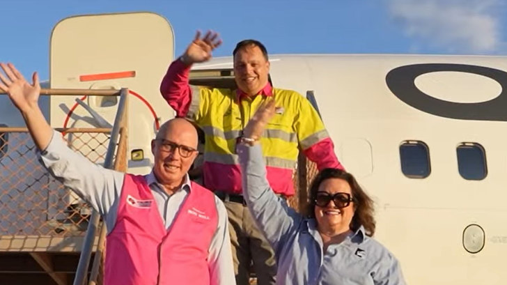 A promotional video from Hancock Prospecting shows Opposition Leader Peter Dutton with Gina Rinehart and Roy Hill CEO Gerhard Veldsman last year.