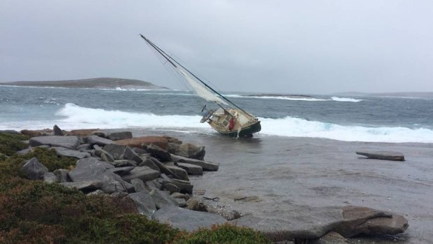 Peter Cook's yacht stranded on rocks on Miles Island, near Esperance.