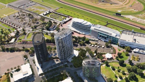An artist's impression of planned apartment towers next to Flemington Racecourse railway station. 