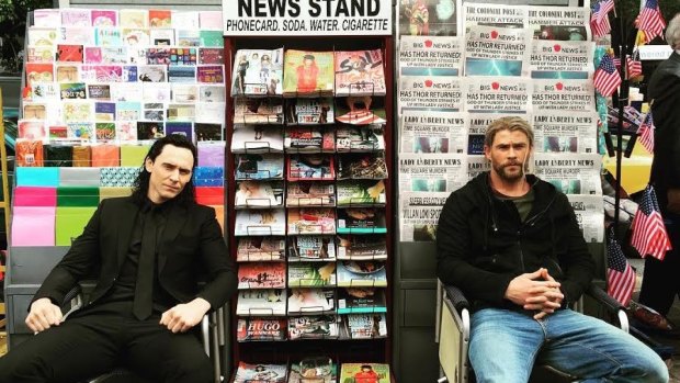 Thor actor Chris Hemsworth tweeted this photo of himself with Tom Hiddleston (Loki) from Brisbane's CBD.