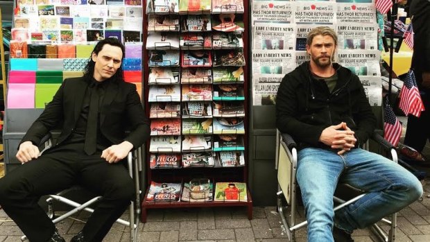 Thor actor Chris Hemsworth tweeted this photo of himself with Tom Hiddleston (Loki) from Brisbane's CBD during filming.