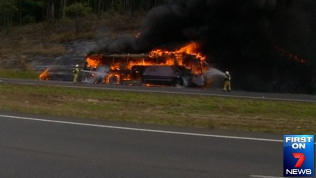 Firefighters battle a school bus blaze north of Brisbane.