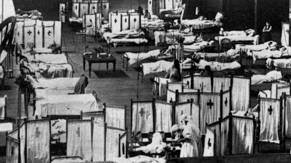 Patients quarantined at Melbourne's Royal Exhibition Building during the influenza pandemic of 1918.