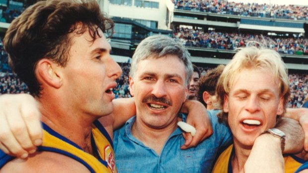 These were the days: Brett Heady, Dean Kemp and Mick Malthouse and  embrace after West Coast's 1992 premiership win.
