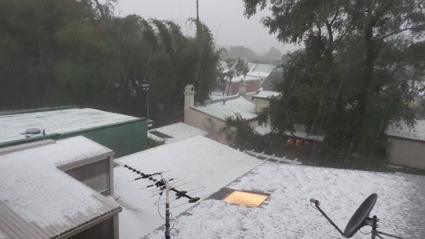 Hail gathers across Newtown.