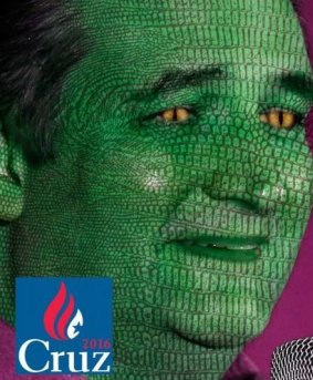 An image of a reptilian Ted Cruz retweeted by Robert Morrow, the newly elected chairman of the Republican Party in Travis County, Texas.