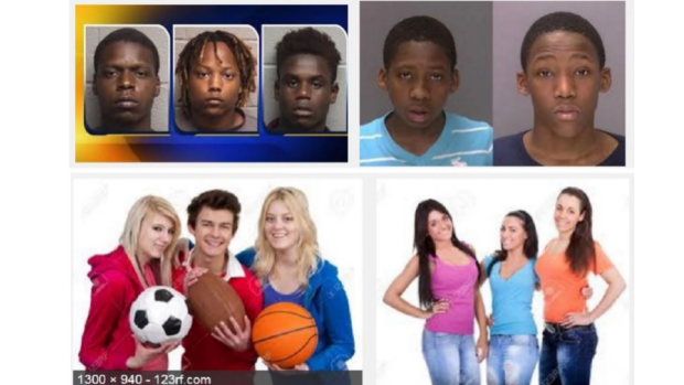 The disparity when searching 'three black teenagers' and 'three white teenagers' in Google images.