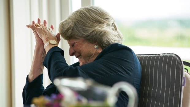 Maggie Smith, aka Maggs,  cracks up during a scene from <I>Tea with the Dames</I>.