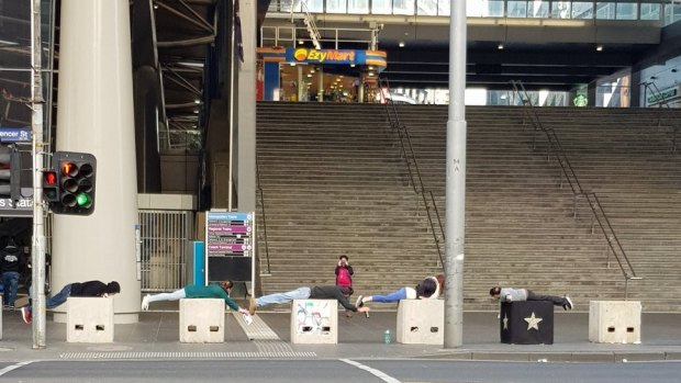 Bollards outside an entrance to the city's Southern Cross station.