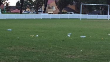 Cans and bottles strewn about  Monash Park at Gladesville on Sunday. 