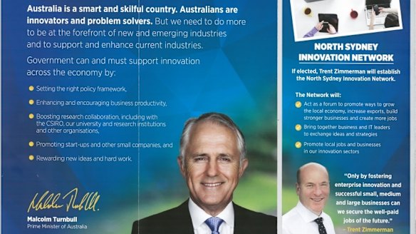 A glossy brochure featuring Prime Minister Malcolm Turnbull and North Sydney candidate Trent Zimmerman.