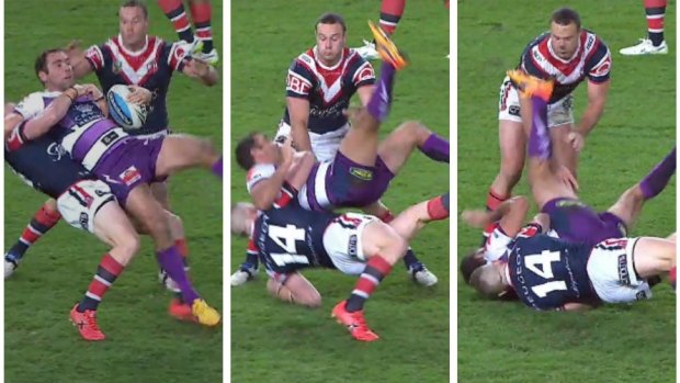 Up and over: Jackson Hasting dumps Cameron Smith on Monday night.