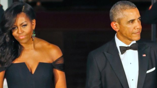 Michelle and Barack Obama at a state dinner at the White House in 2015.