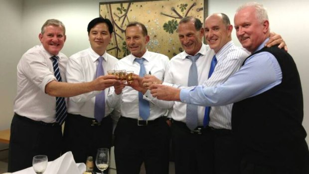 Mr Li Ruipeng (second from left) of Li Guancheng Investment Group (LGIGA) with a number of coalition politicians (including Tony Abbott, McFarlane and Stuart Robert)