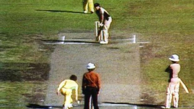 "In the rules but it doesn't make it right": Trevor Chappell rolls the underarm delivery to New Zealand's Brian McKechnie.