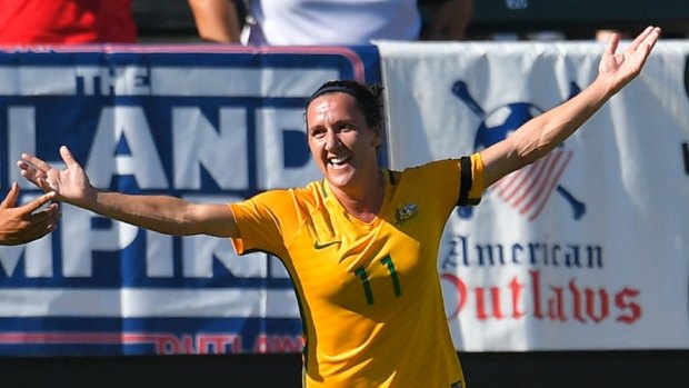 Record breaker: Lisa De Vanna celebrates during Australia's win over Brazil.