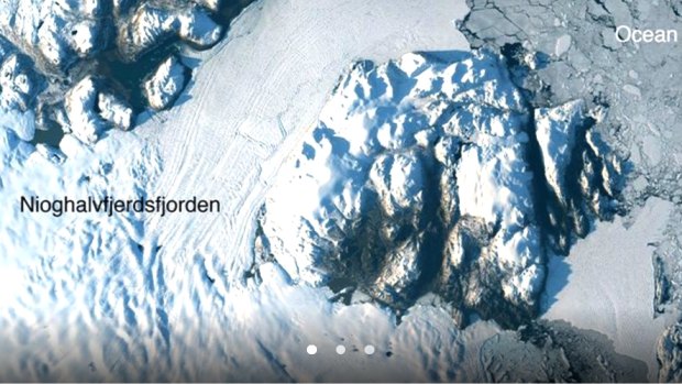 Landsat-8 image of Greenland's Zachariae Isstrom and Nioghalvfjerdsfjorden glaciers, acquired on August 30, 2014.  