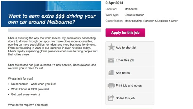 A job ad from Uber for regular drivers on Seek.