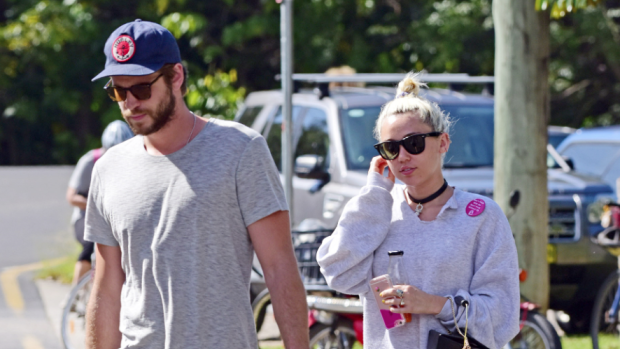 Liam Hemsworth and Miley Cyrus spotted in April in Byron Bay.