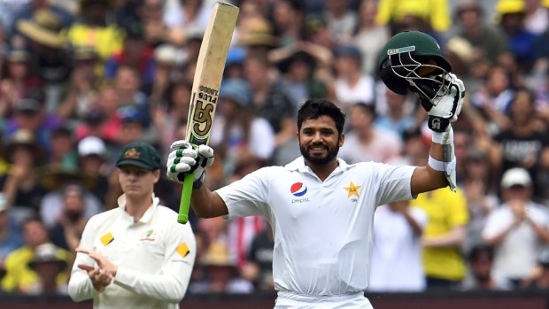Pakistan's Azhar Ali celebrates his century at the MCG during the Boxing Day Test.