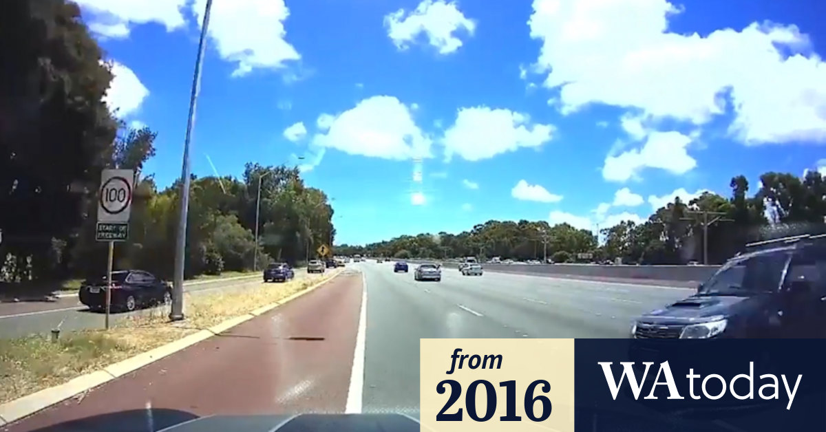 Dash cam footage shows near miss on Kwinana Freeway as Subaru loses control