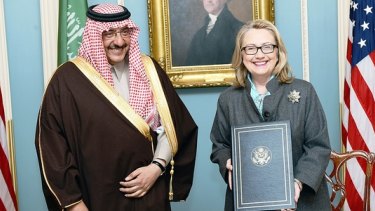 Sidelined: Prince Mohammed bin Nayef with then US secretary of state Hillary Clinton  in January 2013. He has been removed as crown prince and interior minister.