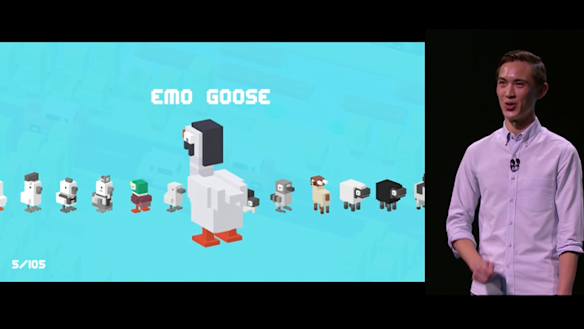 Hipster Whale's Andy Sum demonstrates <i>Crossy Road</i> on the Apple TV.
