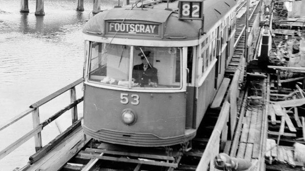 On this day in 1966: tram VR 53 crosses the Maribyrnong River on Route 82. 