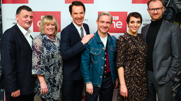  (L-R) Steven Moffat, Sue Vertue, Benedict Cumberbatch, Martin Freeman, Amanda Abbington and Mark Gatiss attend a screening of the Sherlock 2016 Christmas Special.