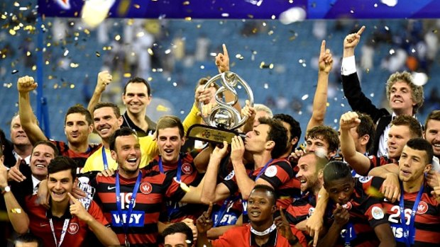 Celebration time: the Western Sydney Wanderers on the victory podium.
