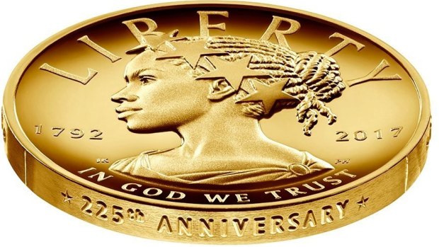 This undated handout image provided by the U.S. Mint shows the design for the 2017 American Liberty 225th Anniversary Gold Coin. The coin is worth $100.