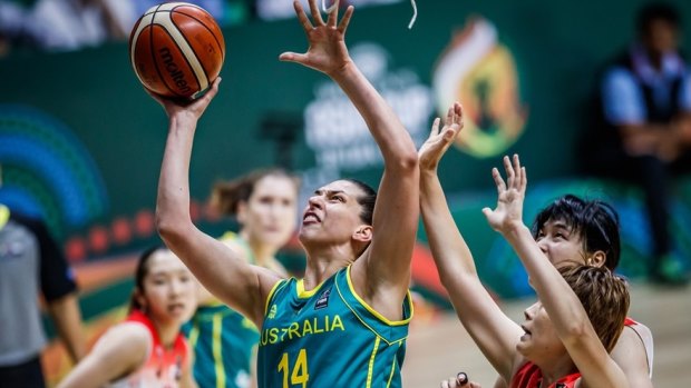 Opals centre Marianna Tolo goes up strongly against Japan on Tuesday at the FIBA Women's Asia Cup. 