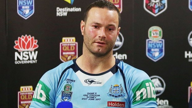 Shattered: Boyd Cordner faces the press after the NSW State of Origin loss.