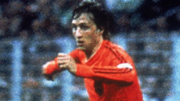 Johan Cruyff in full flight for the Netherlands during the 1974 World Cup.
