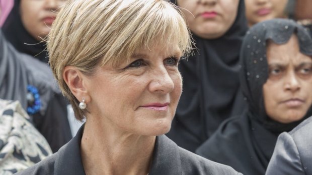 Foreign Minister Julie Bishop, pictured in New Delhi, says DFAT officials acted appropriately and professionally in the case of an Australian couple who left behind their baby boy, born through surrogacy, in India.
